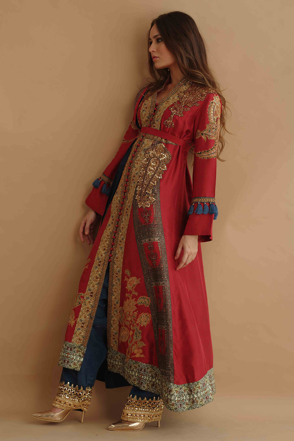 Pakistani Red Zardozi Silk Salwar Kameez (3-Piece) - Image 3