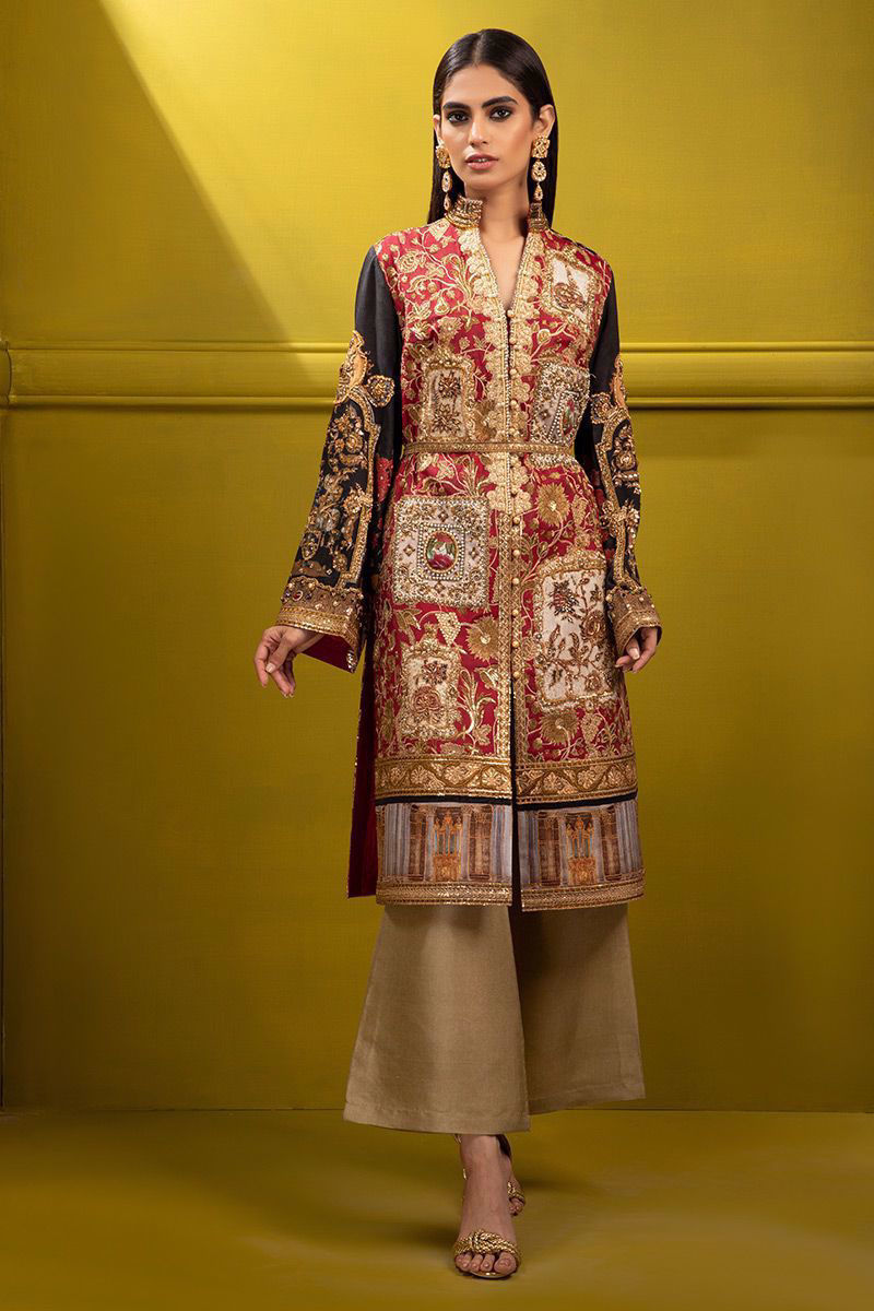 Pakistani Multi-Colour Embroidered Silk Jacket (2-Piece) - Image 2
