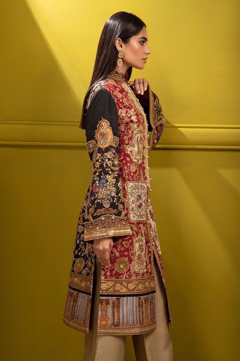 Pakistani Multi-Colour Embroidered Silk Jacket (2-Piece) - Image 3