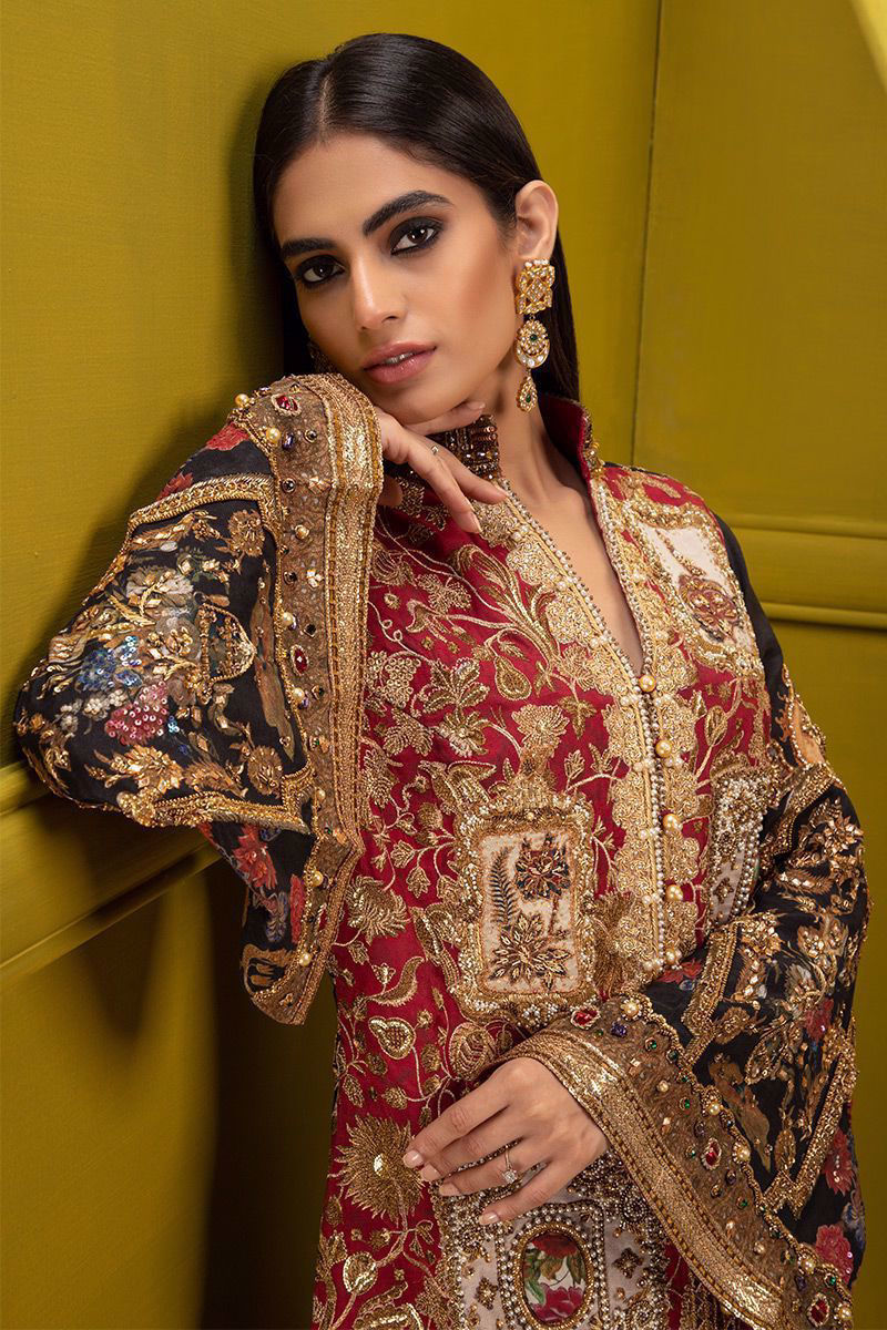 Pakistani Multi-Colour Embroidered Silk Jacket (2-Piece) - Image 5