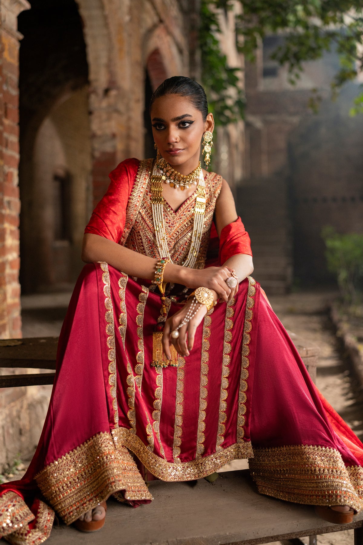 Pakistani Deep Red Zardozi Embroidered Silk Salwar Kameez (3-Piece) - Image 10