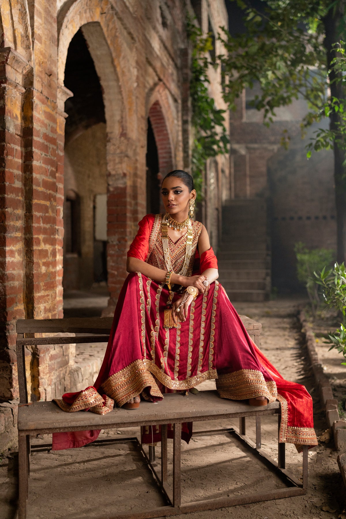 Pakistani Deep Red Zardozi Embroidered Silk Salwar Kameez (3-Piece) - Image 11