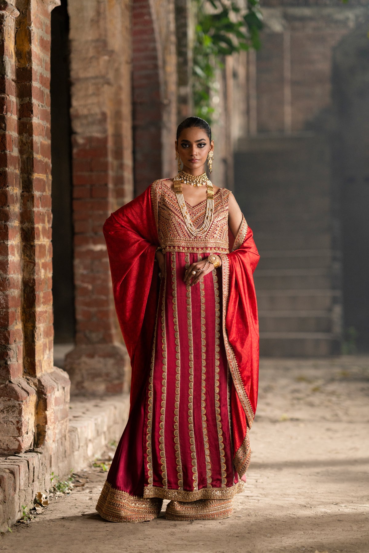 Pakistani Deep Red Zardozi Embroidered Silk Salwar Kameez (3-Piece) - Image 4