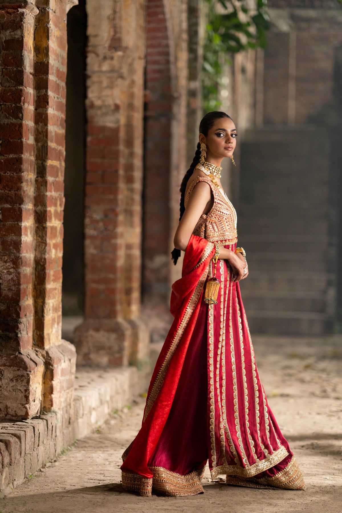 Pakistani Deep Red Zardozi Embroidered Silk Salwar Kameez (3-Piece) - Image 6