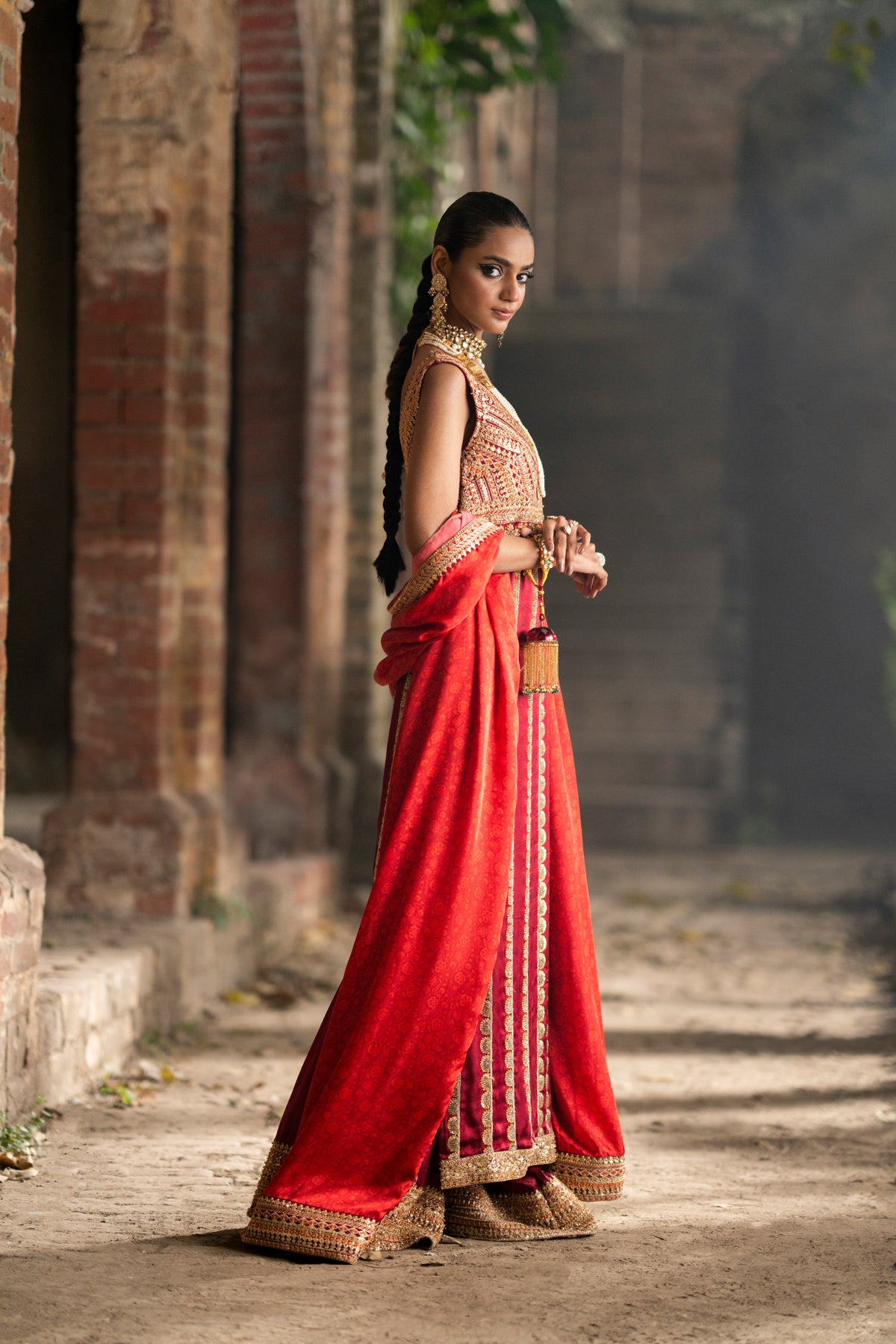 Pakistani Deep Red Zardozi Embroidered Silk Salwar Kameez (3-Piece) - Image 8