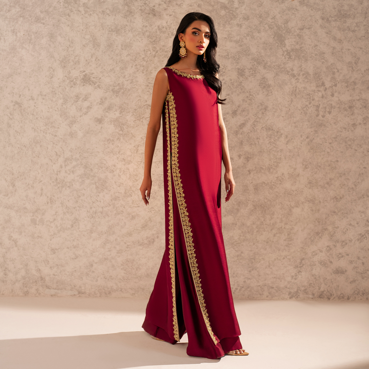 Pakistani Scarlet Embroidered Pure Tissue Silk Salwar Kameez (3-Piece) - Image 1