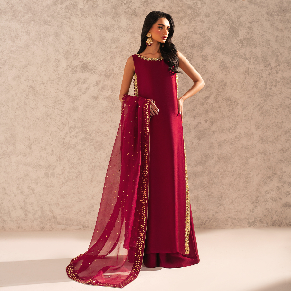 Pakistani Scarlet Embroidered Pure Tissue Silk Salwar Kameez (3-Piece) - Image 2