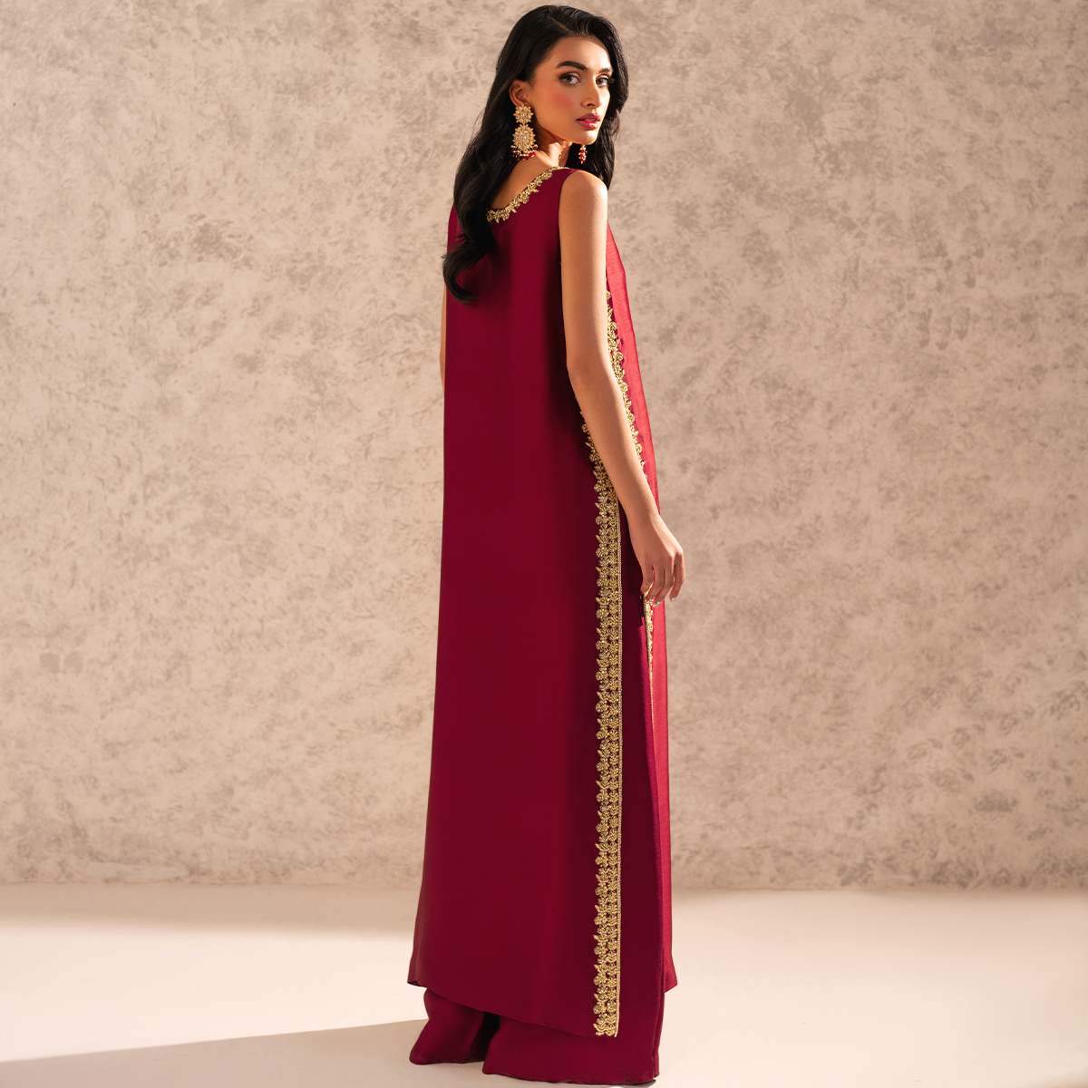 Pakistani Scarlet Embroidered Pure Tissue Silk Salwar Kameez (3-Piece) - Image 4