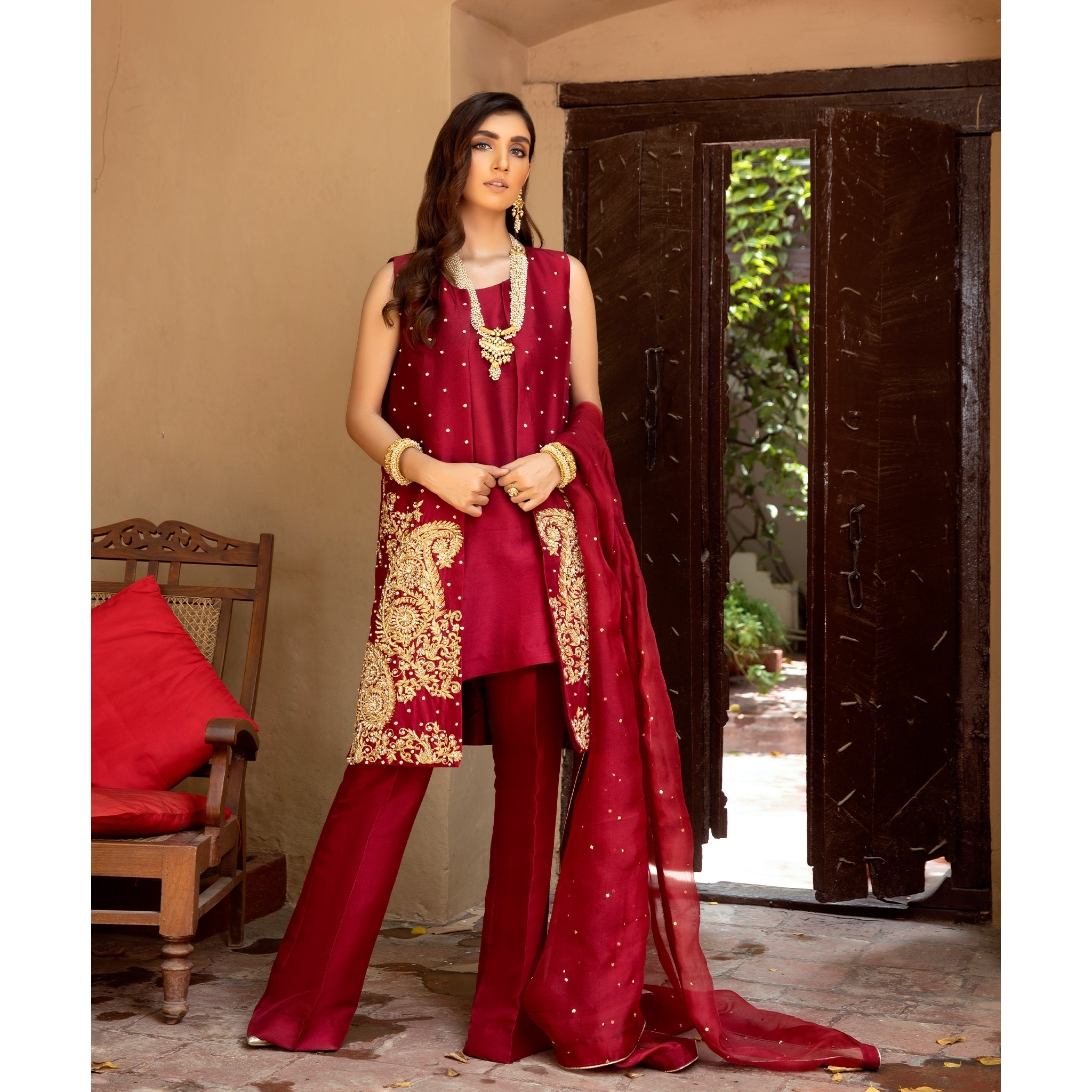 Ruby Red Zardozi Pure Tissue Silk Jacket Set (4-Piece) - Image 1