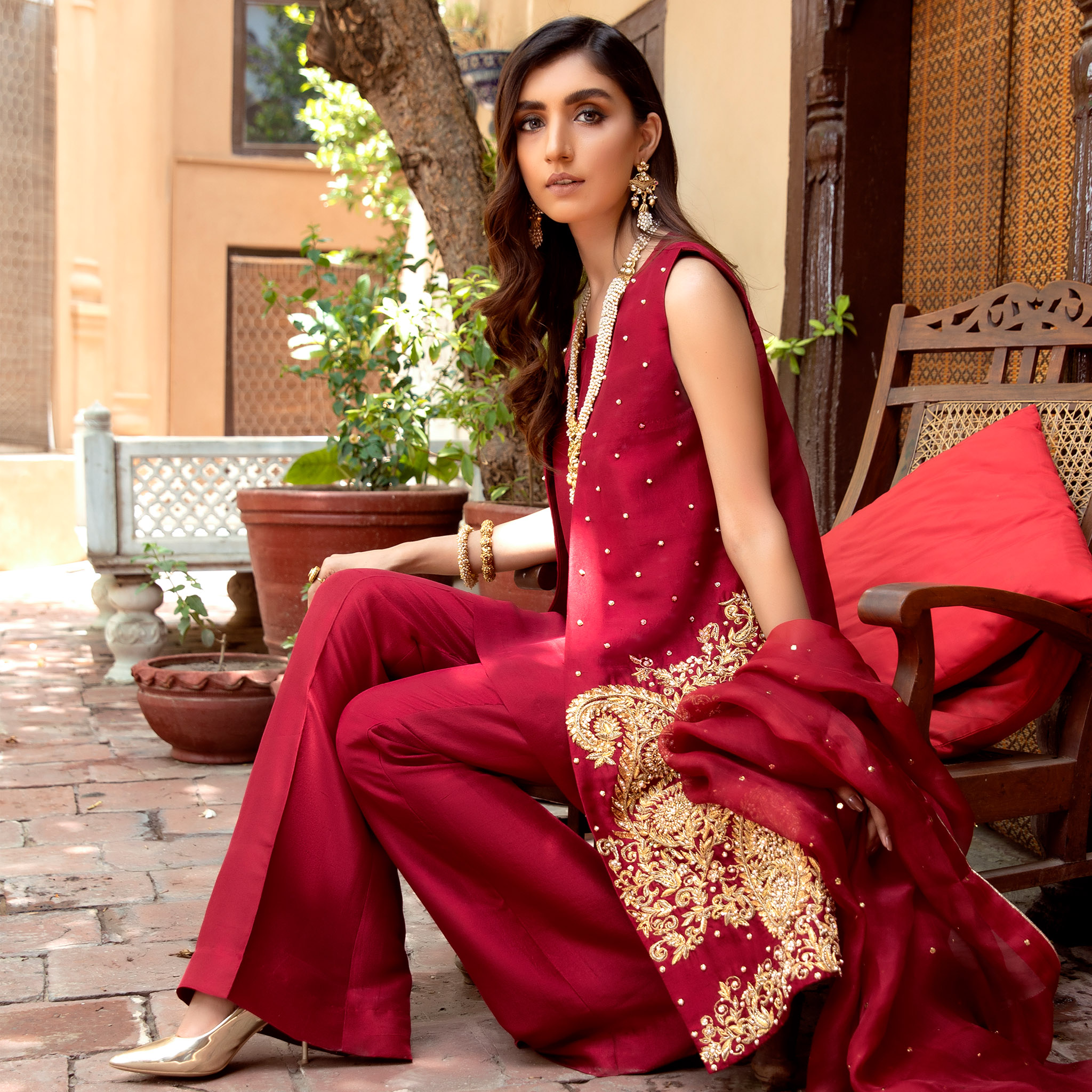 Ruby Red Zardozi Pure Tissue Silk Jacket Set (4-Piece) - Image 3