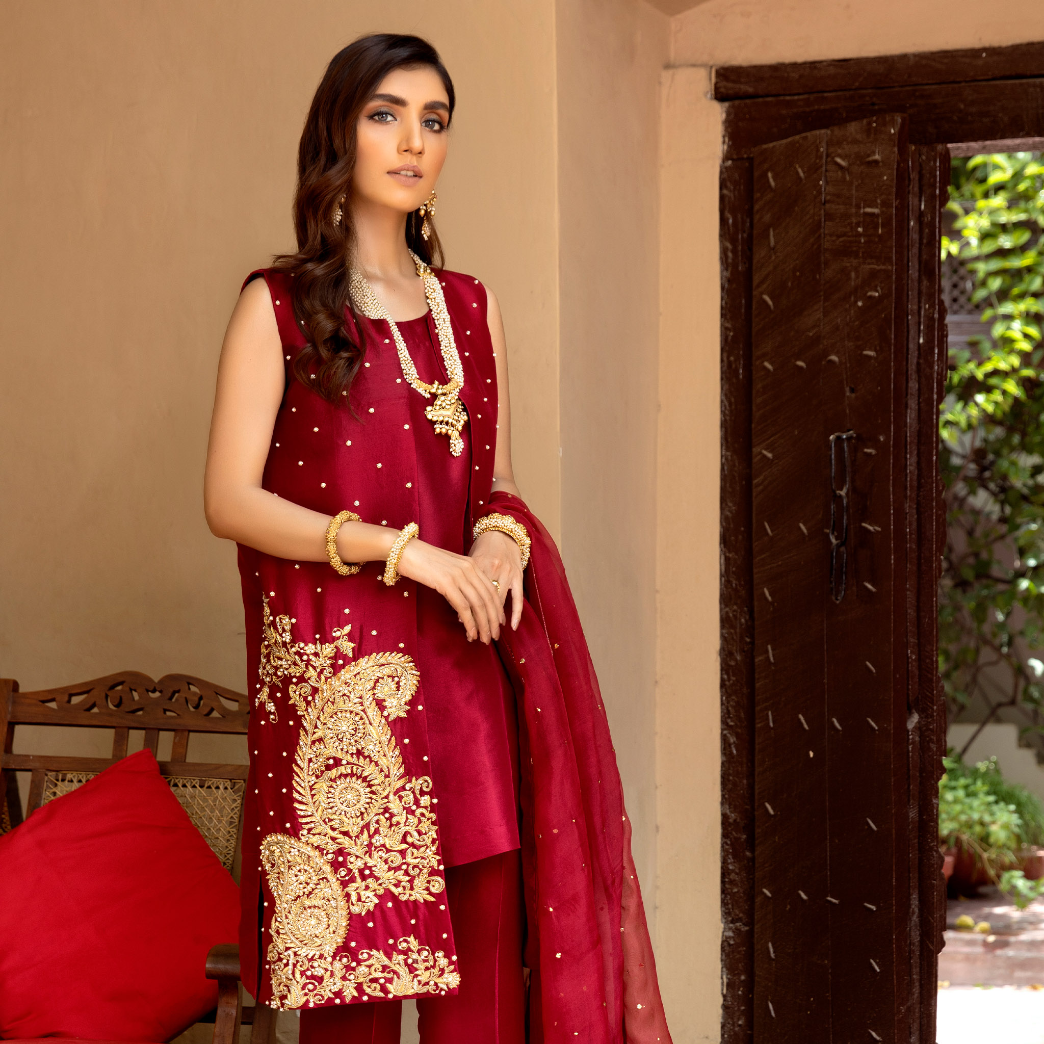 Ruby Red Zardozi Pure Tissue Silk Jacket Set (4-Piece) - Image 4