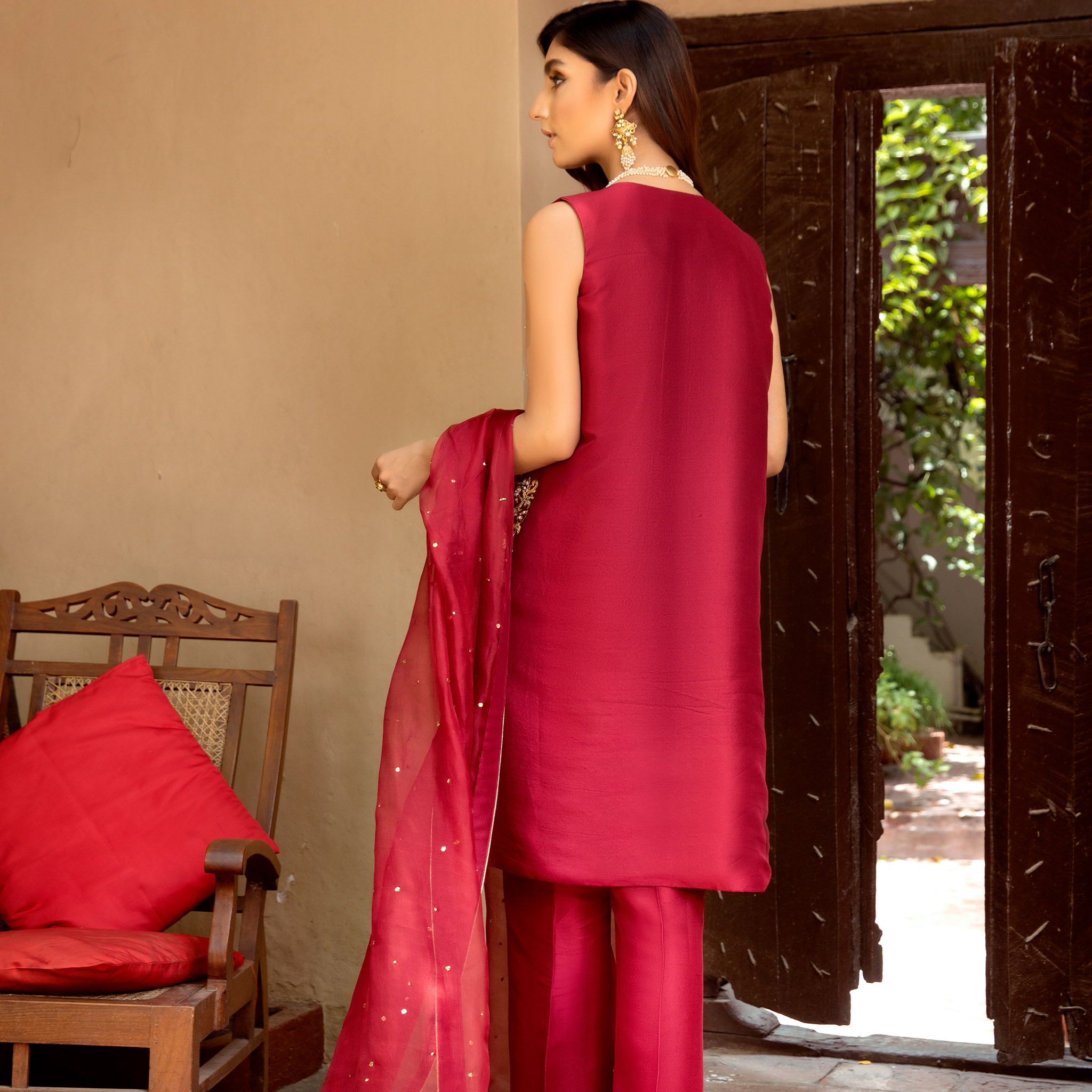 Ruby Red Zardozi Pure Tissue Silk Jacket Set (4-Piece) - Image 5