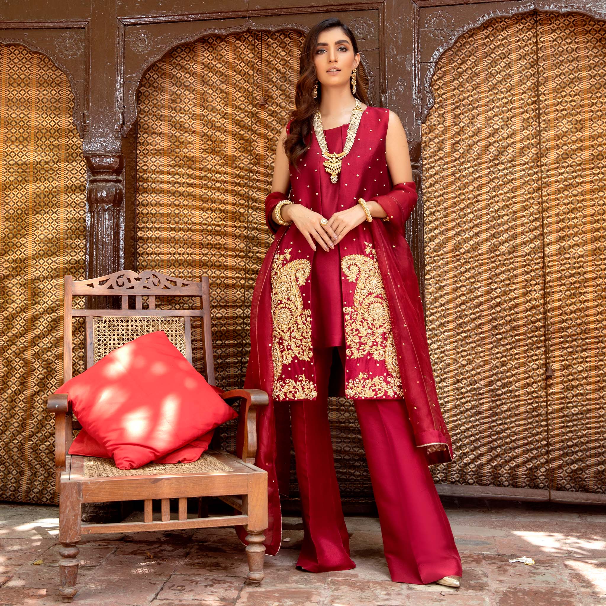 Ruby Red Zardozi Pure Tissue Silk Jacket Set (4-Piece) - Image 6