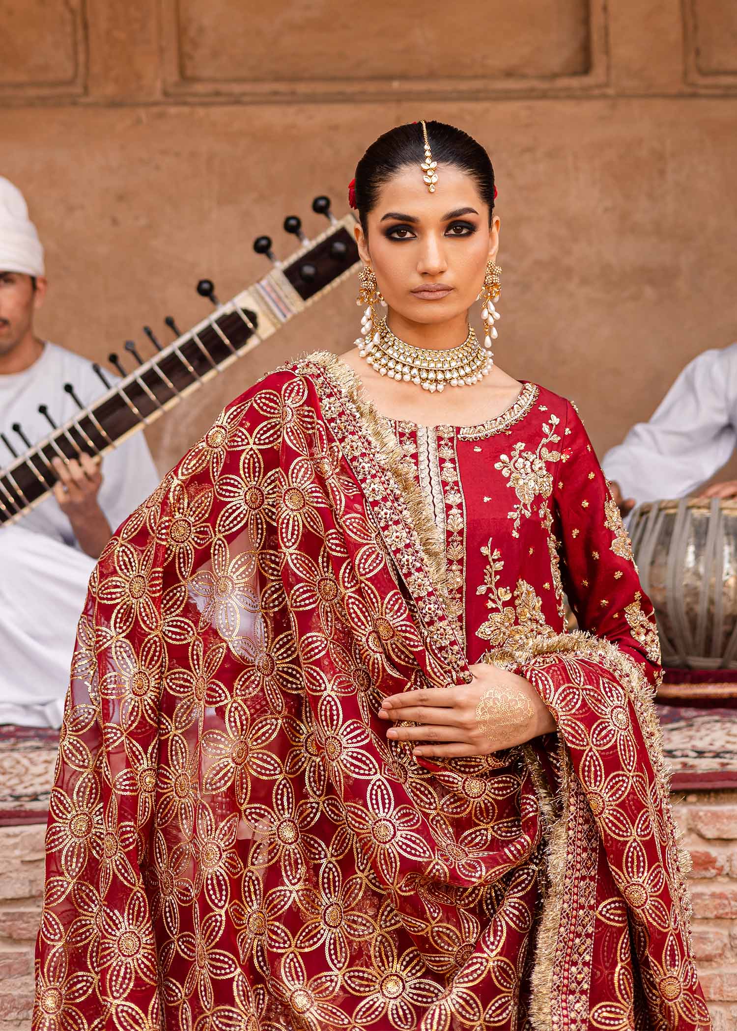 Pakistani Deep Red Hand-Embellished Tussel Silk Salwar Kameez (3-Piece) - Image 3