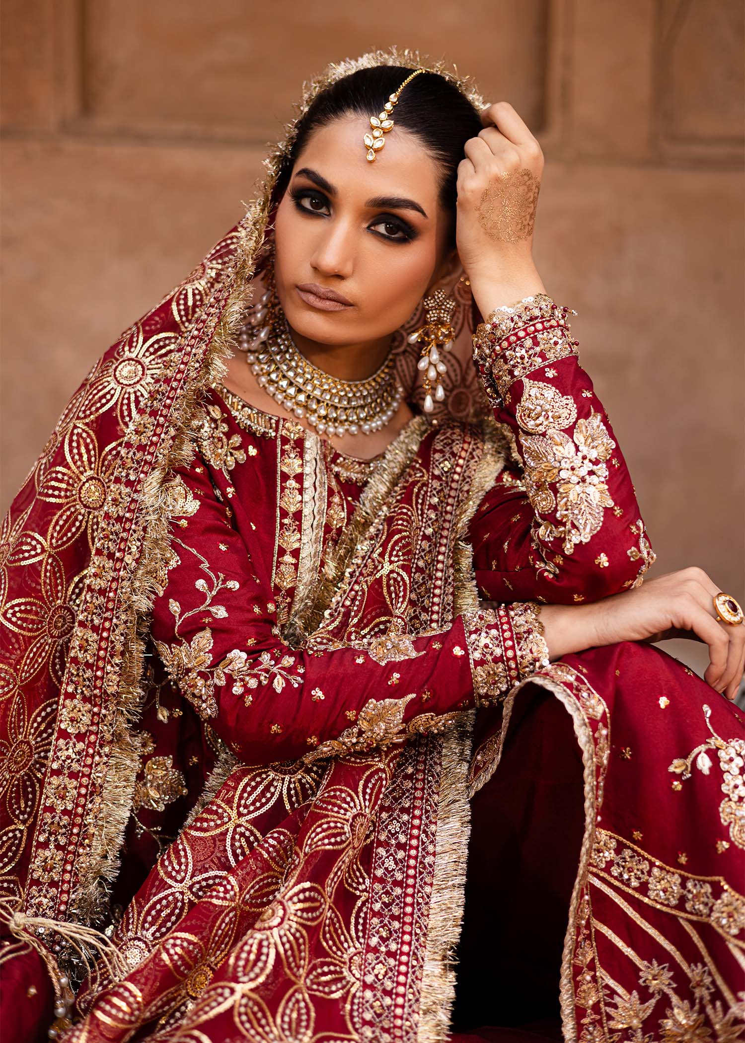 Pakistani Deep Red Hand-Embellished Tussel Silk Salwar Kameez (3-Piece) - Image 6