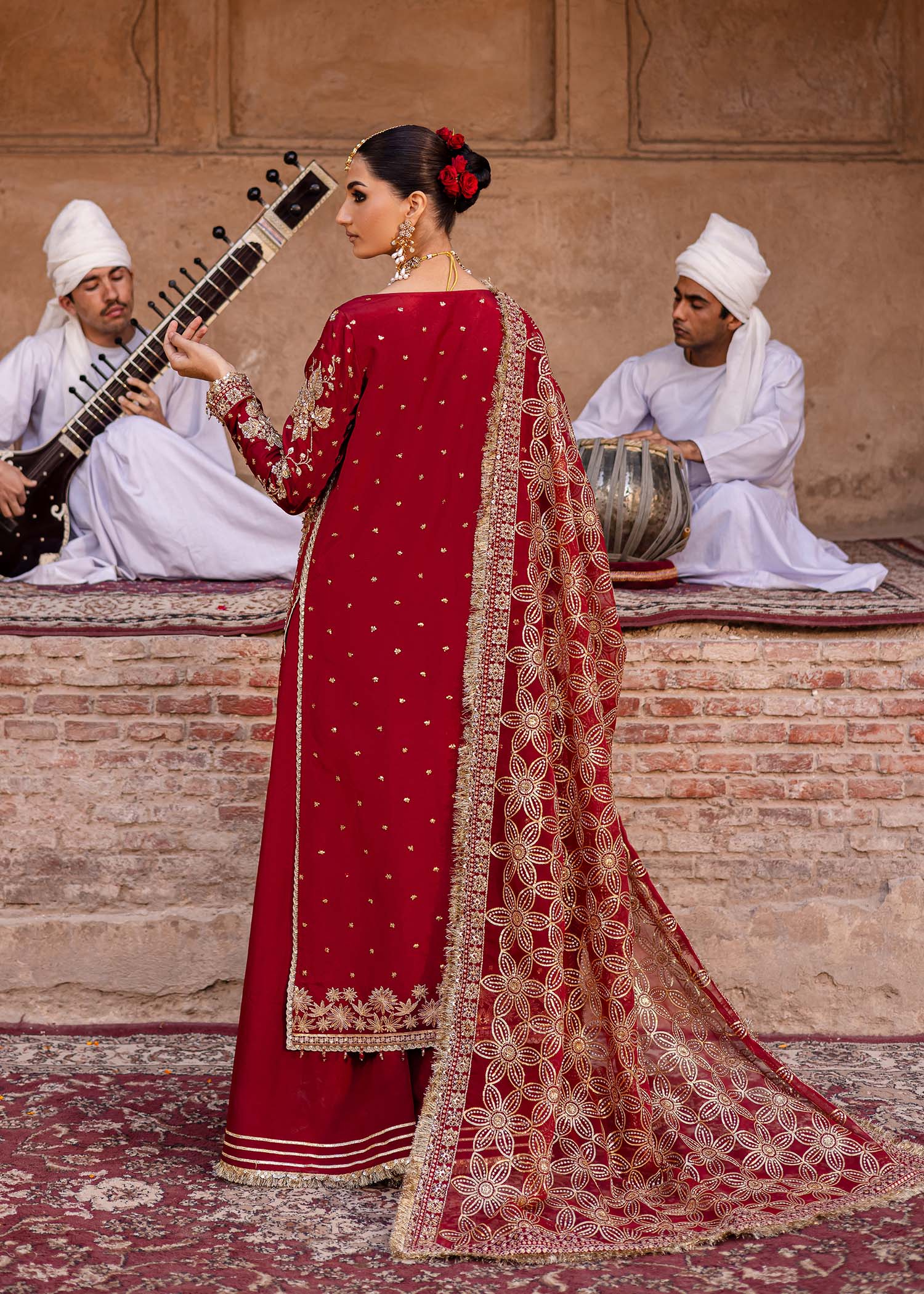 Pakistani Deep Red Hand-Embellished Tussel Silk Salwar Kameez (3-Piece) - Image 7