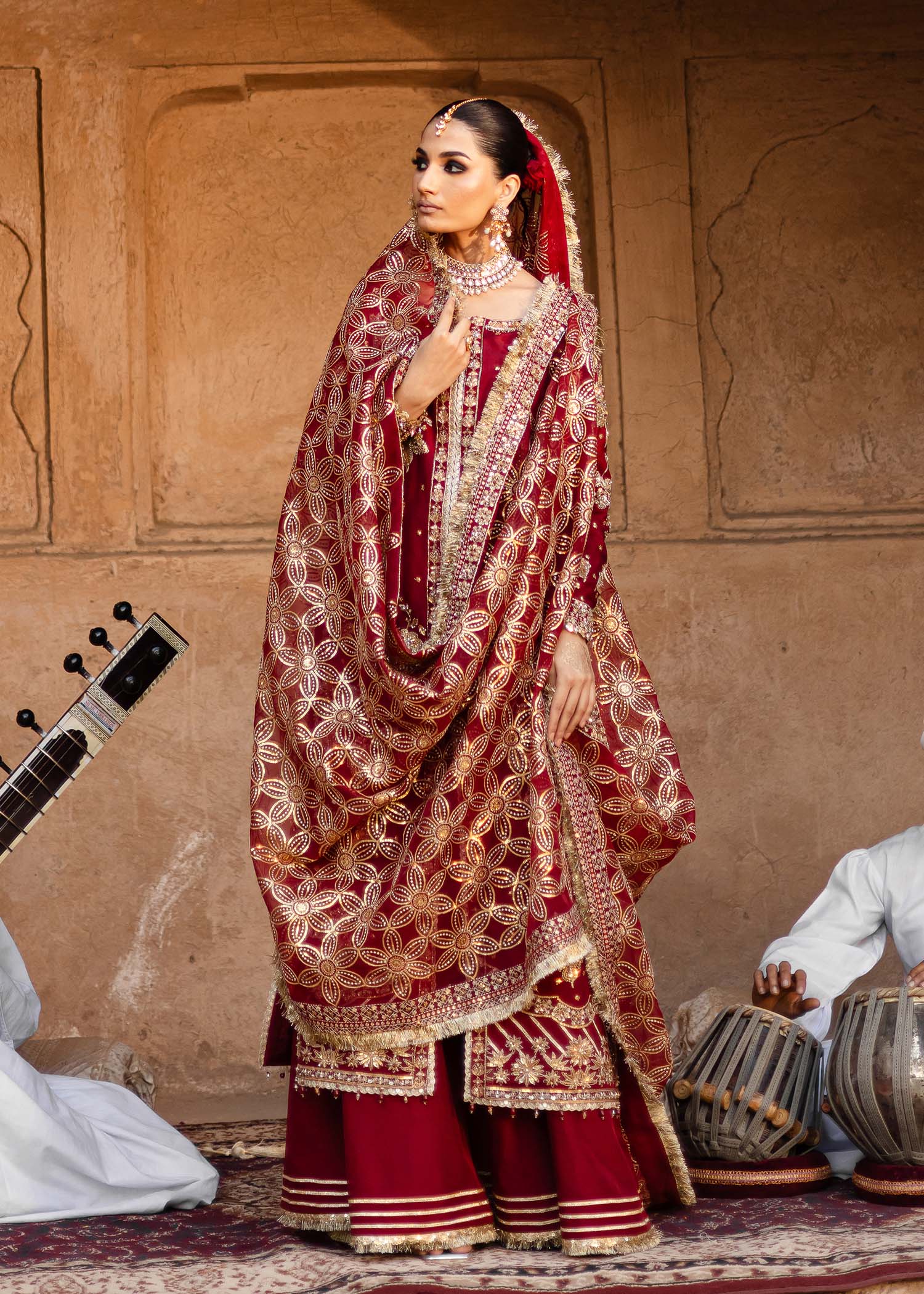 Pakistani Deep Red Hand-Embellished Tussel Silk Salwar Kameez (3-Piece) - Image 8