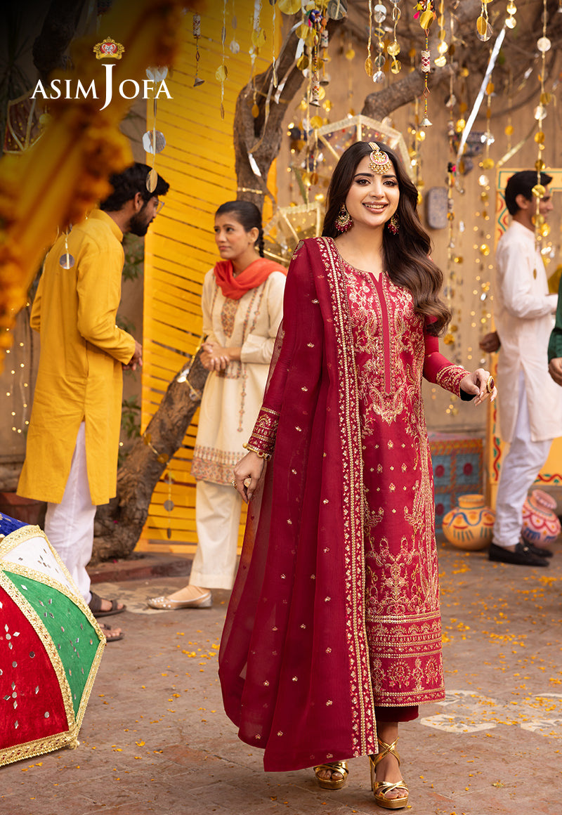 Red Embroidered Twisted Silk Salwar Kameez (3-Piece) - Image 1