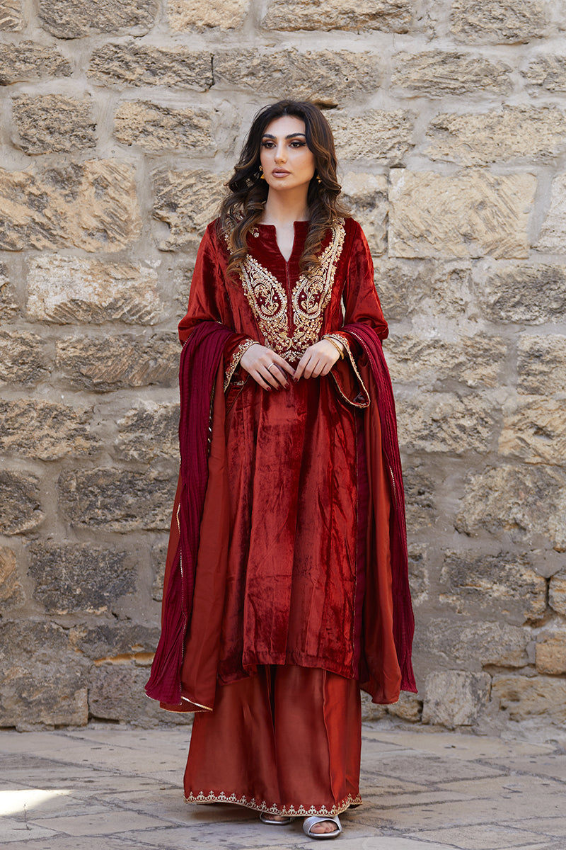 Pakistani Deep Rust Embroidered Velvet & Raw Silk Salwar Kameez (3-Piece) - Image 1
