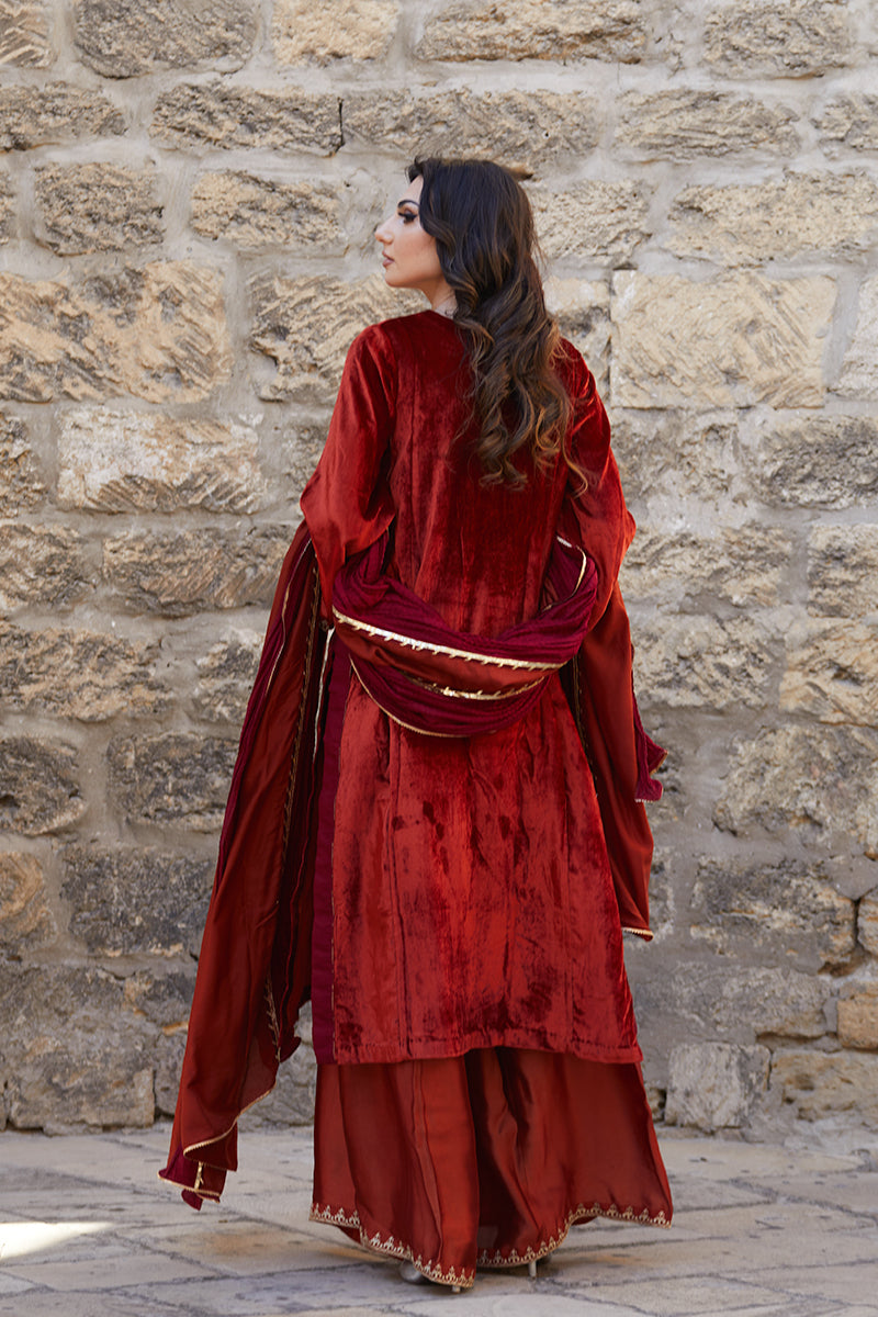 Pakistani Deep Rust Embroidered Velvet & Raw Silk Salwar Kameez (3-Piece) - Image 2