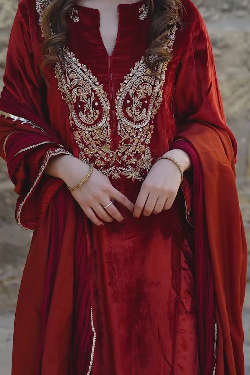 Pakistani Deep Rust Embroidered Velvet & Raw Silk Salwar Kameez (3-Piece) - Image 20
