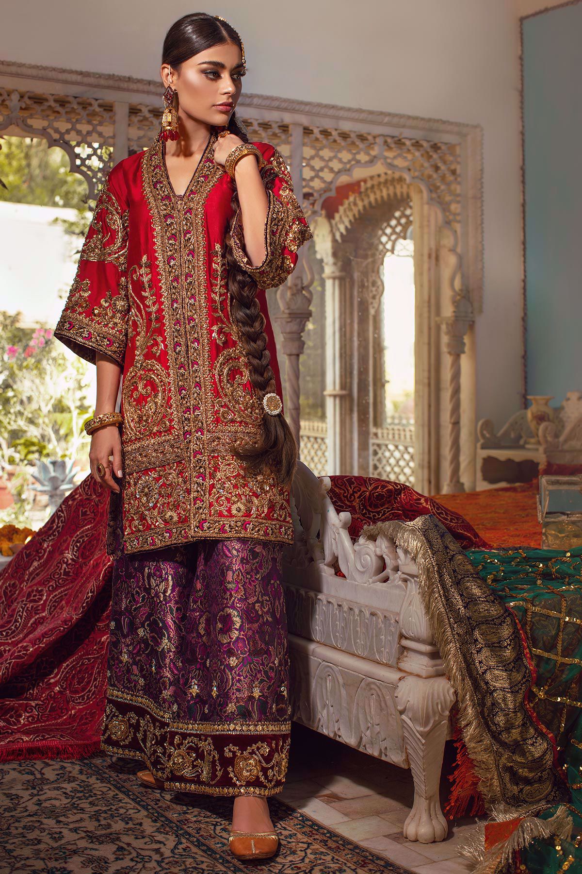 Red Embroidered Velvet Kimono-Style Kameez (2-Piece) - Image 1