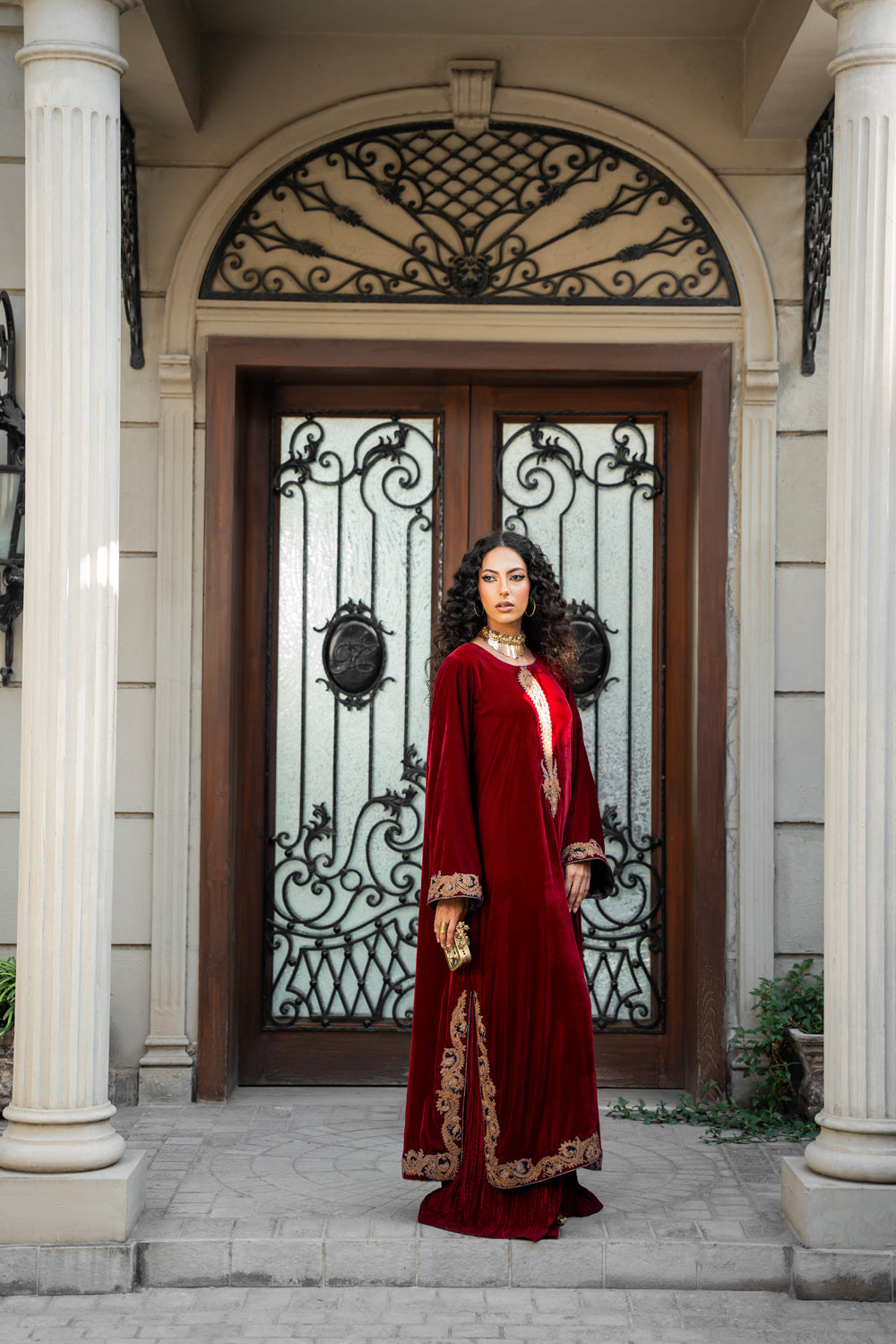 Pakistani Deep Red Dori Embroidered Velvet Salwar Kameez (3-Piece) - Image 1