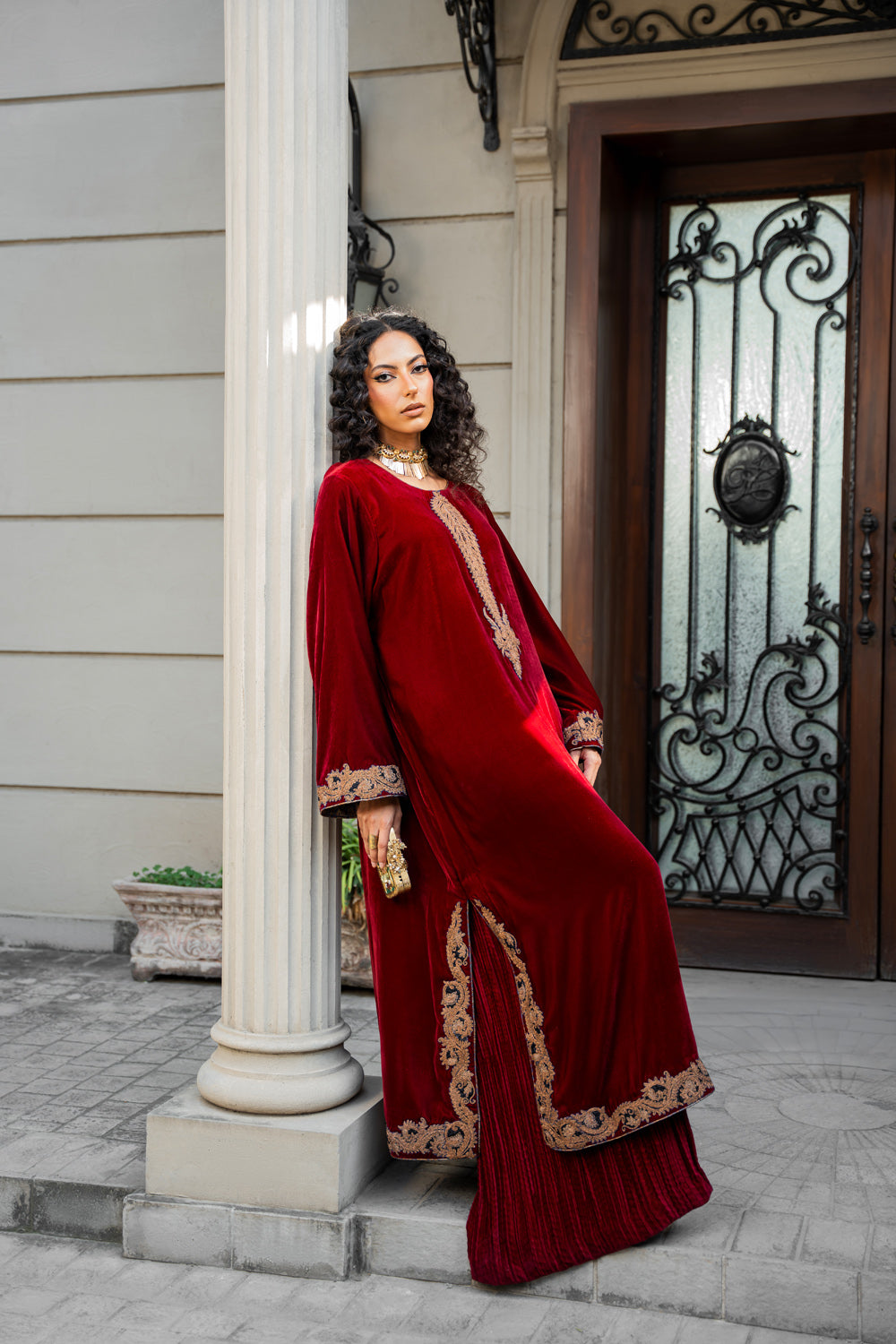 Pakistani Deep Red Dori Embroidered Velvet Salwar Kameez (3-Piece) - Image 4