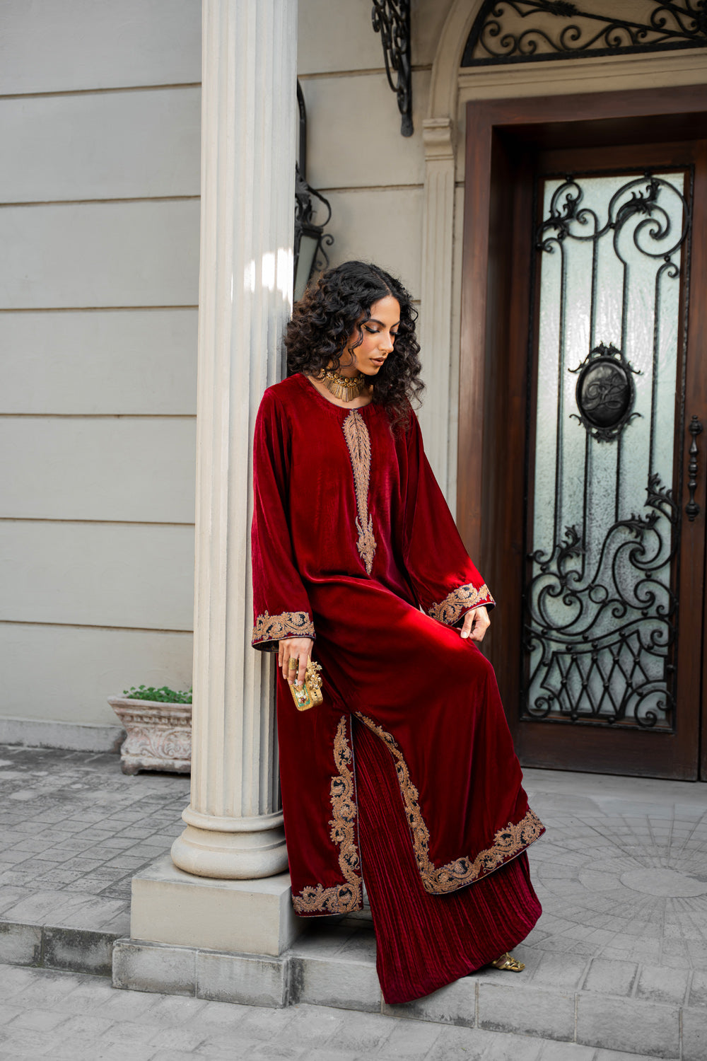 Pakistani Deep Red Dori Embroidered Velvet Salwar Kameez (3-Piece) - Image 5