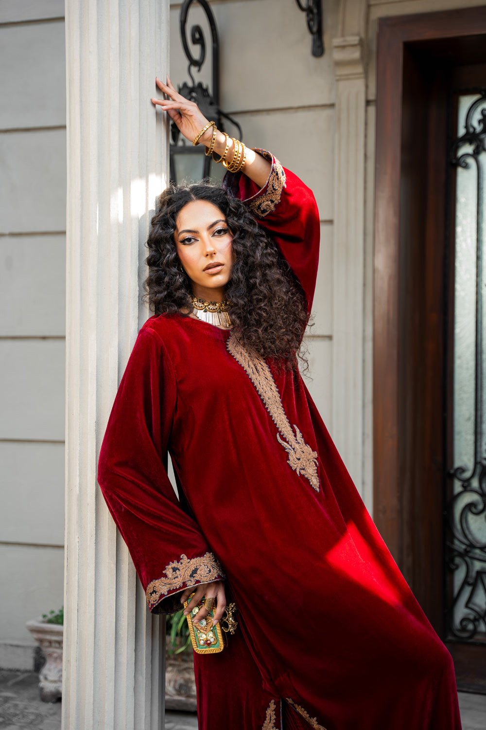 Pakistani Deep Red Dori Embroidered Velvet Salwar Kameez (3-Piece) - Image 6