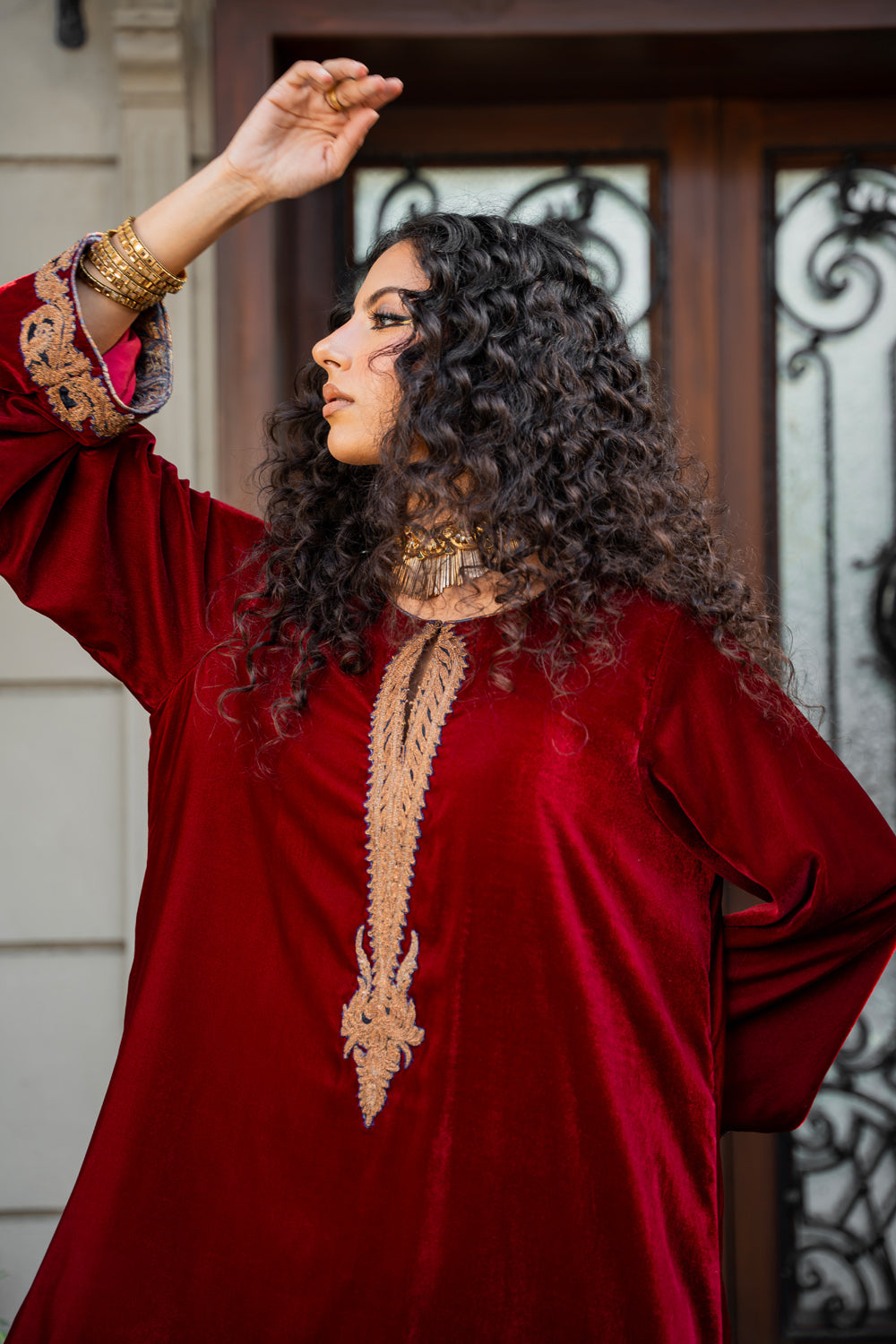 Pakistani Deep Red Dori Embroidered Velvet Salwar Kameez (3-Piece) - Image 7