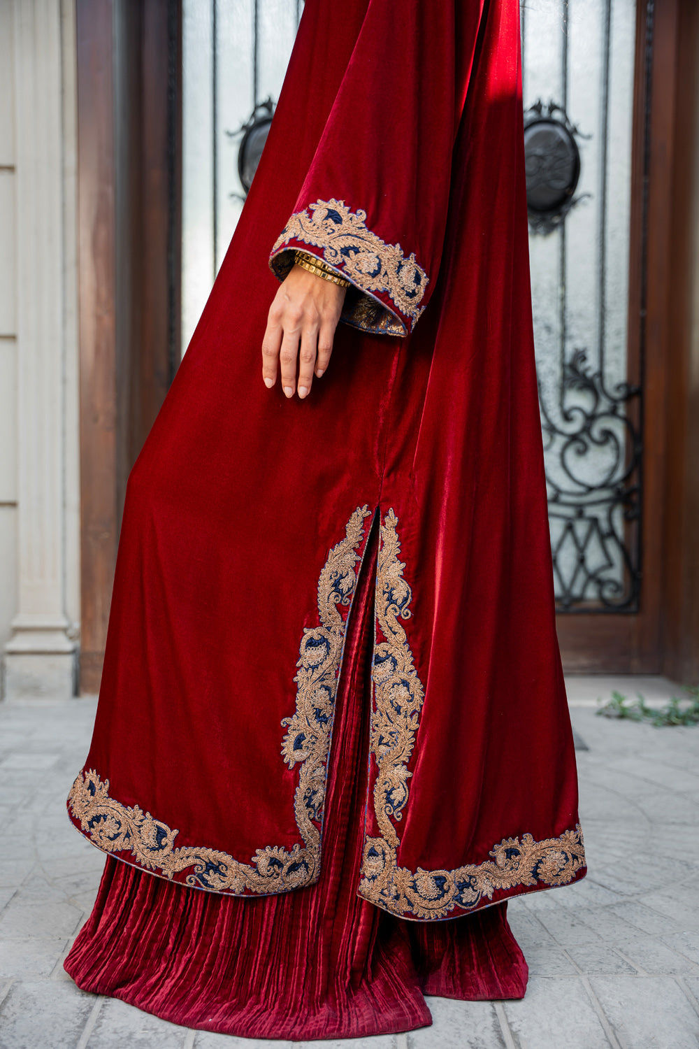 Pakistani Deep Red Dori Embroidered Velvet Salwar Kameez (3-Piece) - Image 9