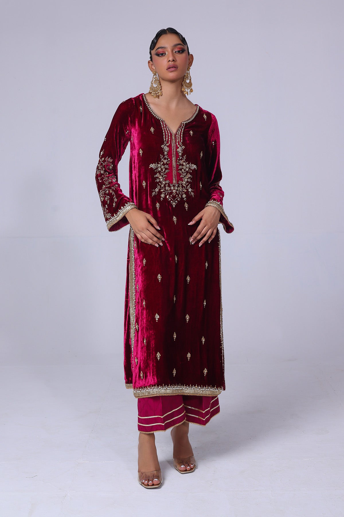 Cherry Red Embellished Velvet Salwar Kameez (2-Piece) - Image 1