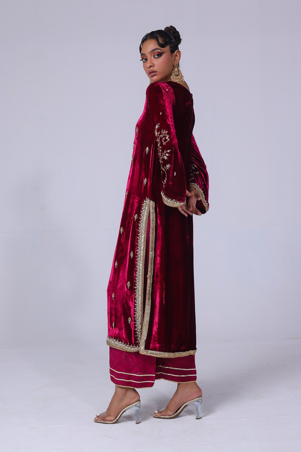 Cherry Red Embellished Velvet Salwar Kameez (2-Piece) - Image 2