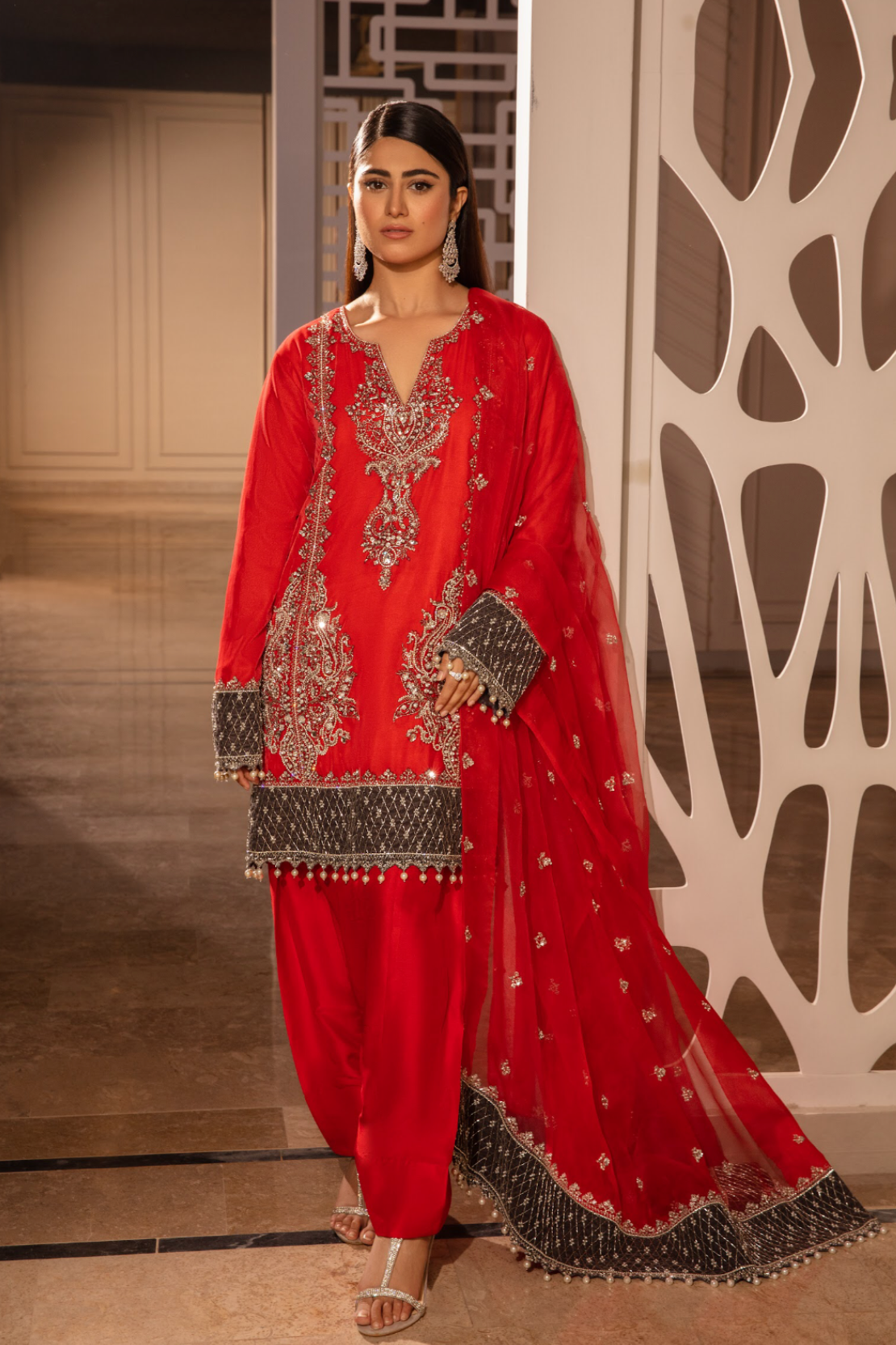 Pakistani Bright Red Embroidered Velvet Kurta & Raw Silk Shalwar (3-Piece) - Image 1