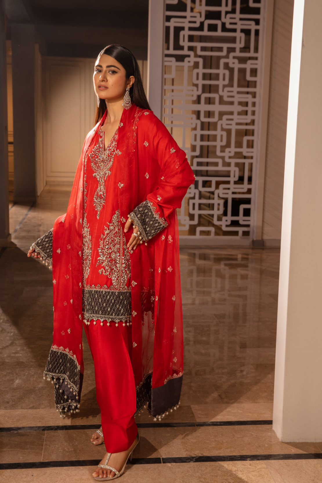 Pakistani Bright Red Embroidered Velvet Kurta & Raw Silk Shalwar (3-Piece) - Image 2