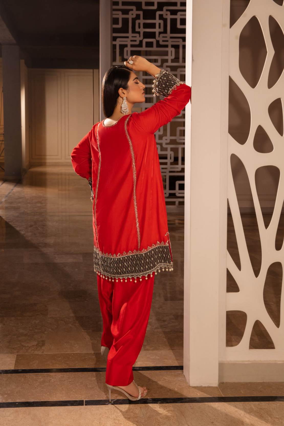Pakistani Bright Red Embroidered Velvet Kurta & Raw Silk Shalwar (3-Piece) - Image 3