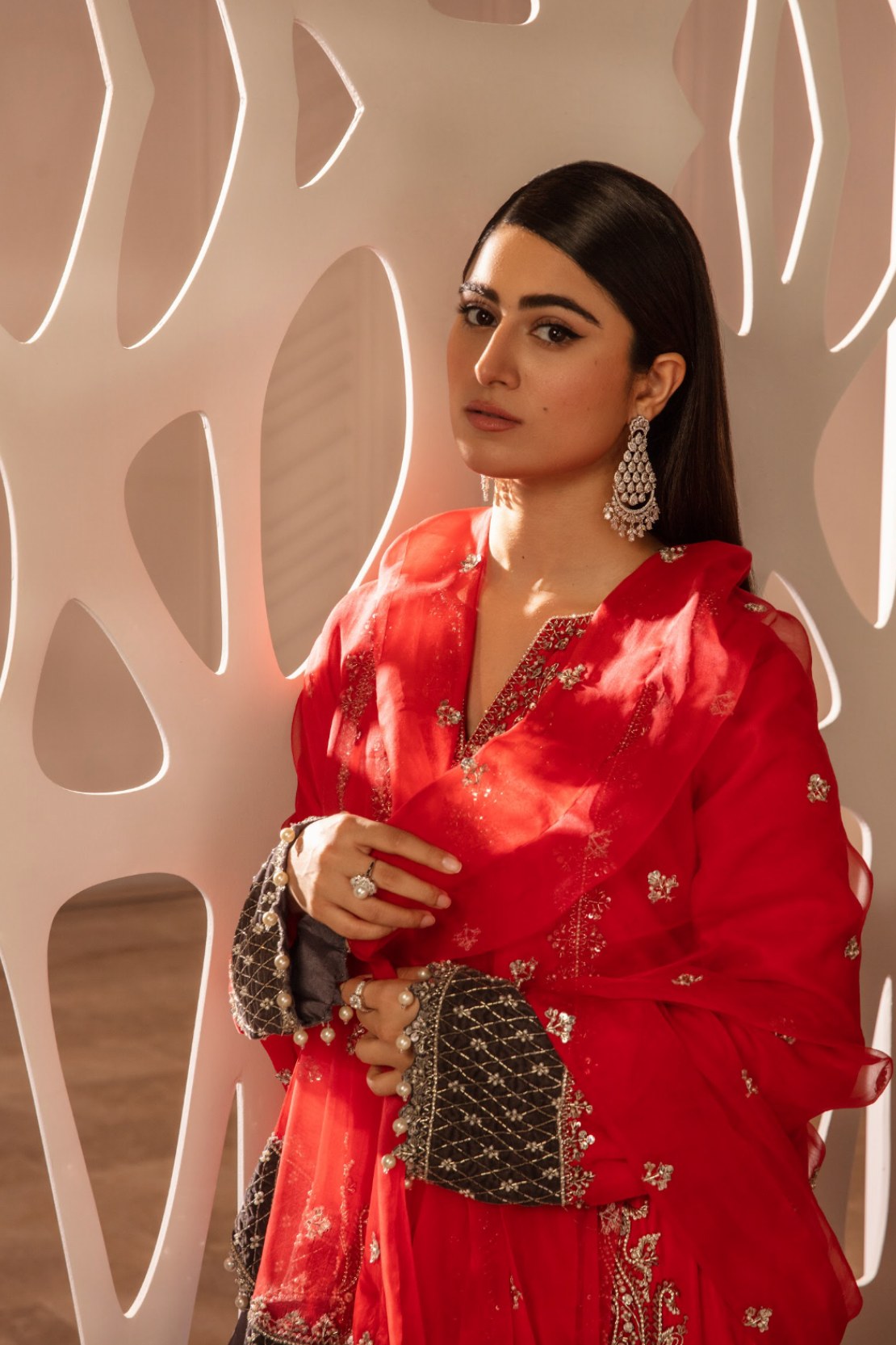 Pakistani Bright Red Embroidered Velvet Kurta & Raw Silk Shalwar (3-Piece) - Image 5