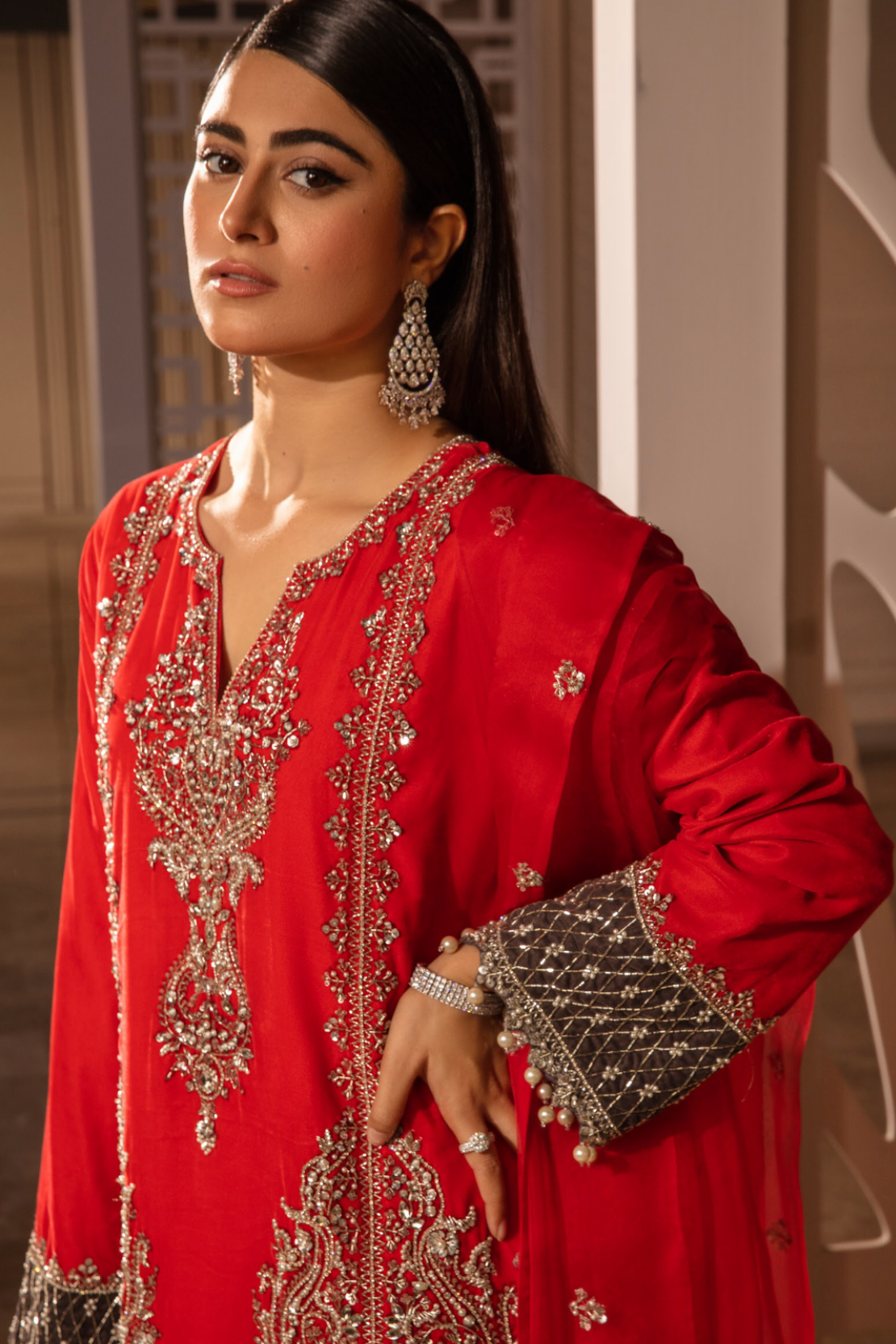 Pakistani Bright Red Embroidered Velvet Kurta & Raw Silk Shalwar (3-Piece) - Image 6