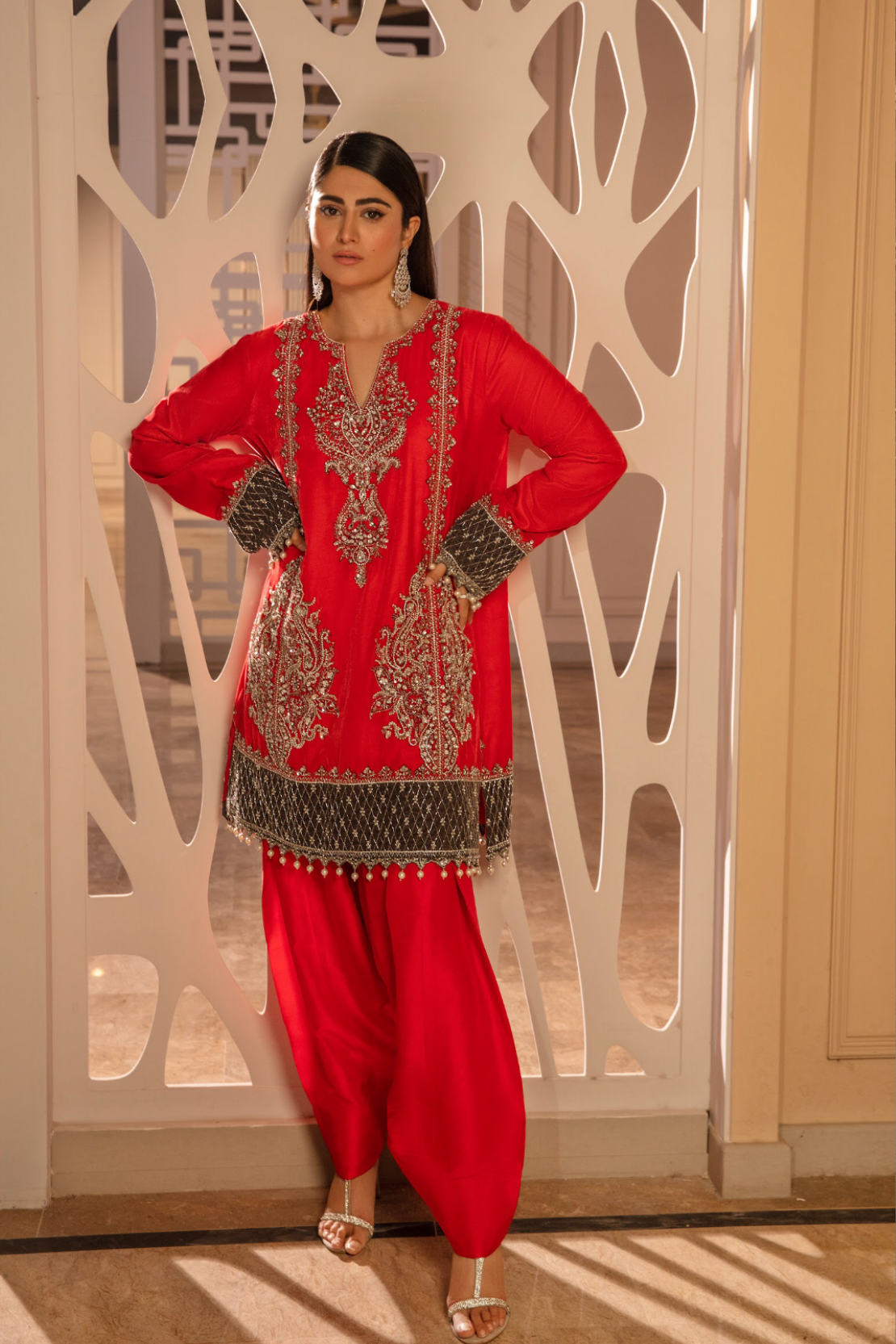 Pakistani Bright Red Embroidered Velvet Kurta & Raw Silk Shalwar (3-Piece) - Image 8
