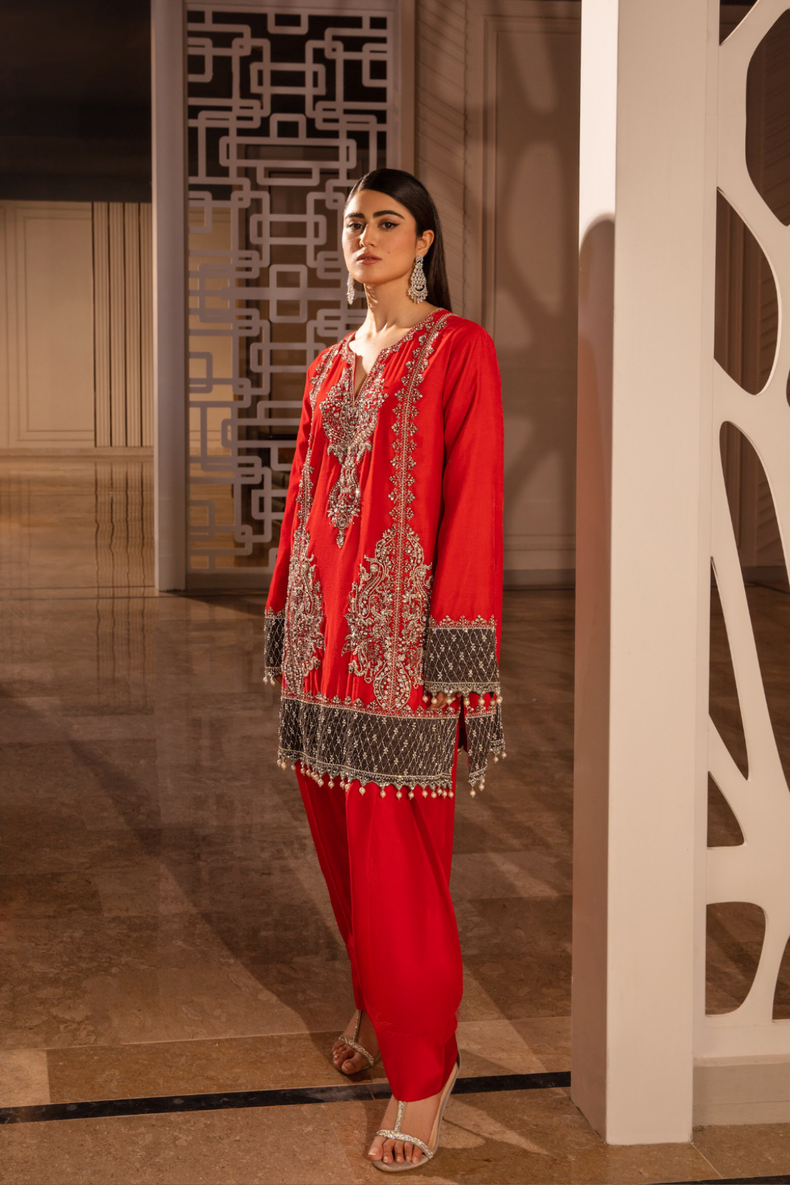Pakistani Bright Red Embroidered Velvet Kurta & Raw Silk Shalwar (3-Piece) - Image 9