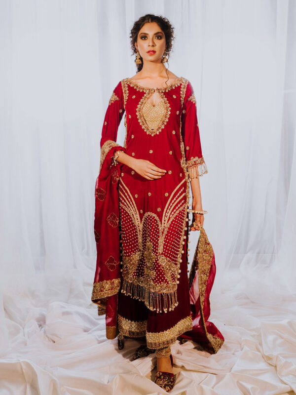 Deep Red Embroidered Velvet Salwar Kameez (3-Piece) - Image 1