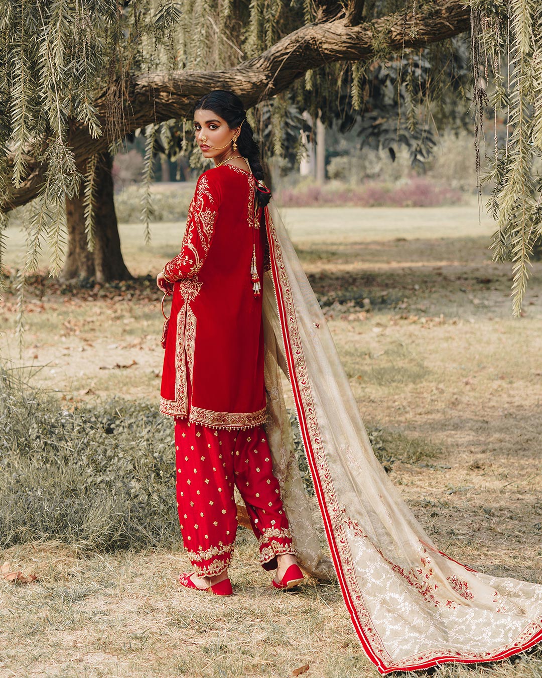 Pakistani Red Velvet Embroidered Salwar Kameez (3-Piece) - Image 5