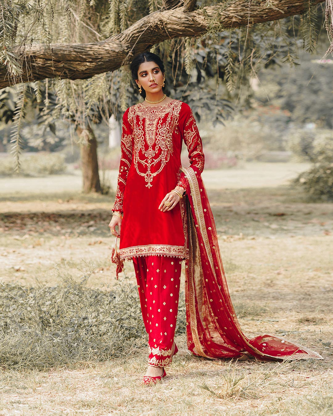 Red Velvet Embroidered Salwar Kameez (3-Piece) - Image 1