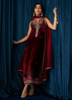 Pakistani Deep Red Hand-Embroidered Velvet Salwar Kameez (3-Piece) - Image 2