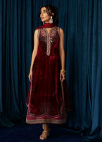 Pakistani Deep Red Hand-Embroidered Velvet Salwar Kameez (3-Piece) - Image 3
