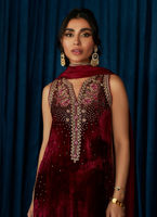 Pakistani Deep Red Hand-Embroidered Velvet Salwar Kameez (3-Piece) - Image 4