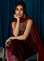 Pakistani Deep Red Hand-Embroidered Velvet Salwar Kameez (3-Piece) - Image 5