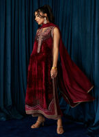Pakistani Deep Red Hand-Embroidered Velvet Salwar Kameez (3-Piece) - Image 6