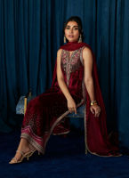 Pakistani Deep Red Hand-Embroidered Velvet Salwar Kameez (3-Piece) - Image 8